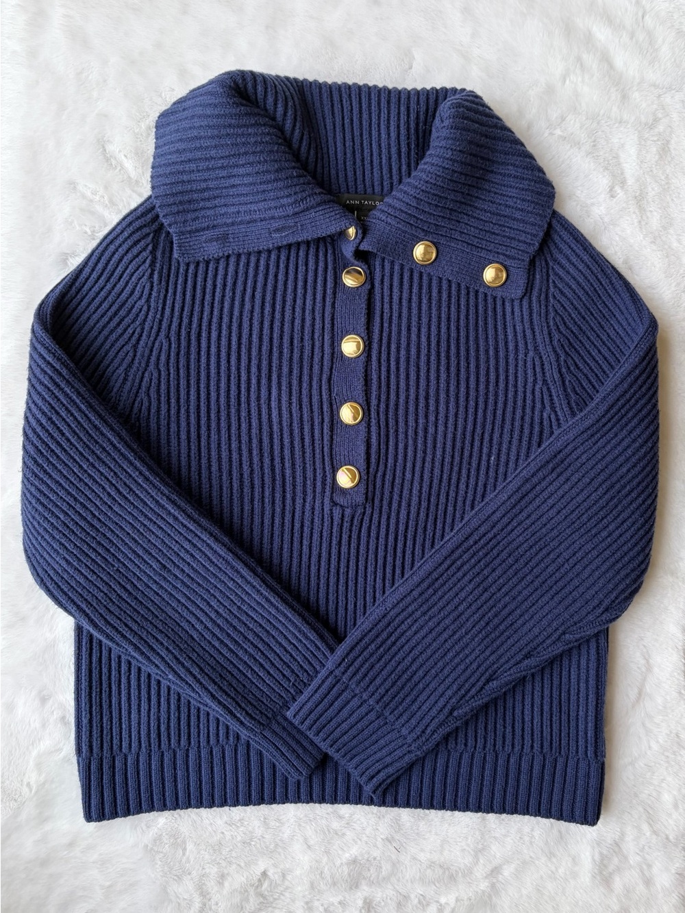NWT Ann Taylor Blue Ribbed Knit Sweater Gold Button Detail
